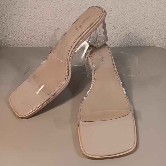 Vivianly Shoes - Vivianly Clear Strap Block Heel Sandals in Nude Size 11